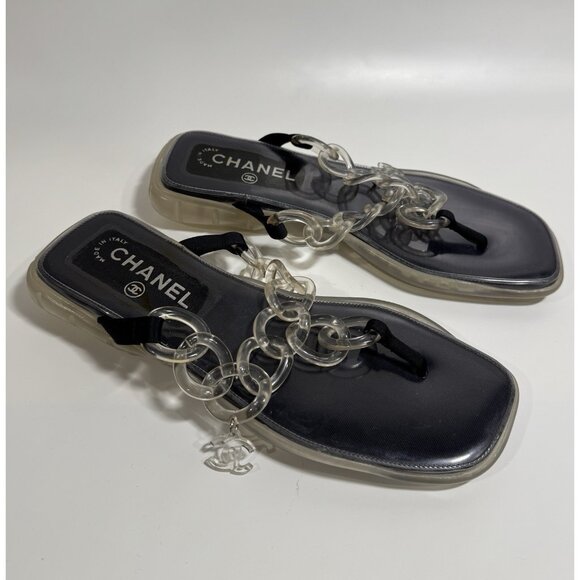 Chanel Size 39/ 8 Clear Jelly Sandals CC Chain Flip Flops - Picture 8 of 11